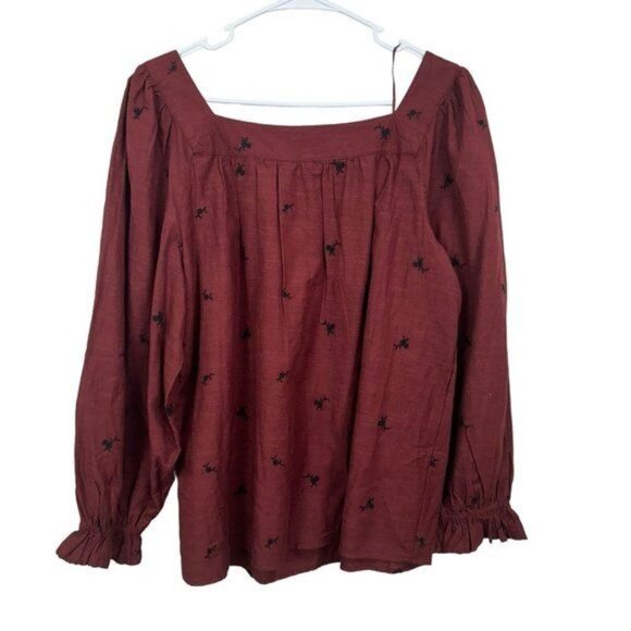 Lauren Conrad Women SZ M Square Neck Embroidered Long Sleeve Blouse Maroon - Picture 14 of 14